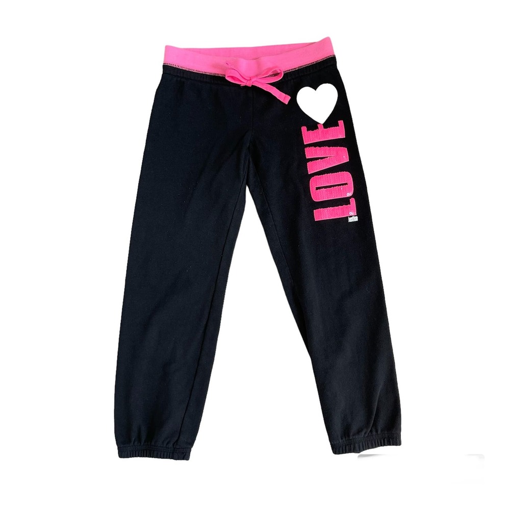 Girls 7 Justice Black Hot Pink Sequin Love Silver Heart Capri Joggers Sweatpants